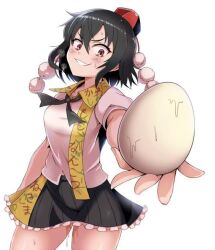Rule 34 | 1girl, black hair, black skirt, blush, collared shirt, egg, enperuto (yarumi), frilled skirt, frills, hat, looking at viewer, non-web source, pom pom (clothes), red eyes, red hat, shameimaru aya, shirt, short hair, simple background, skirt, smile, solo, source request, touhou, white background, white shirt