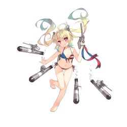 Rule 34 | 1girl, ahoge, albacore (warship girls r), american flag bikini, american flag print, aqua hair, armpits, bikini, blonde hair, breasts, bubble, cannon, closed mouth, collarbone, eyebrows, fang, flag print, front-tie bikini top, front-tie top, full body, gradient hair, holding, holding weapon, long hair, looking at viewer, machinery, multicolored hair, multicolored ribbon, nail polish, navel, official art, pink eyes, print bikini, remodel (warship girls r), ribbon, saru, side-tie bikini bottom, small breasts, solo, standing, standing on one leg, swimsuit, torpedo, transparent background, trigger discipline, twintails, warship girls r, weapon