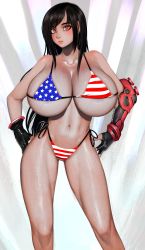 Rule 34 | 1girl, absurdres, american flag bikini, american flag print, bare shoulders, bikini, black gloves, black hair, breasts, cleavage, collarbone, covered erect nipples, cowboy shot, earrings, elbow gloves, final fantasy, final fantasy vii, final fantasy vii remake, fingerless gloves, flag bikini, flag print, gloves, hand on own hip, highres, huge breasts, jewelry, long hair, looking at viewer, midriff, navel, print bikini, randy (awesomevillage), red eyes, solo, square enix, standing, stomach, swimsuit, tifa lockhart, vambraces, veins, veiny breasts, very long hair