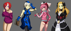 Rule 34 | + +, 10s, 4girls, :d, ass, bare shoulders, baton, conductor baton, black legwear, black nails, blonde hair, blue dress, blue gloves, bow, breasts, buruma, character request, choker, chuunioniika, cleavage, collage, cowboy shot, crossover, dress, elizabeth (persona), female focus, frilled dress, frills, gloves, gothic lolita, green eyes, grey background, hair bow, hair ornament, hairclip, hat, highres, huge ass, jacket, jakuzure nonon, kill la kill, large breasts, lolita fashion, long hair, looking at viewer, looking back, multicolored hair, multiple crossover, multiple girls, nail polish, no pants, off-shoulder, off-shoulder sweater, off shoulder, open mouth, original, own hands together, pale skin, pantyhose, persona, persona 3, pink eyes, pink hair, purple eyes, red hair, red nails, shako cap, shiny skin, sidelocks, simple background, sleeveless, sleeveless dress, smile, sportswear, standing, sweater, teeth, track jacket, turtleneck, two-tone hair, v arms, venus (lederhozen), white hair