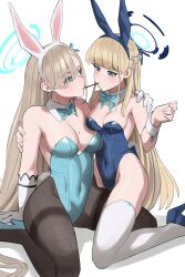 Rule 34 | 2girls, animal ears, asuna (blue archive), black pantyhose, blonde hair, blue archive, blue bow, blue bowtie, blue eyes, blue leotard, bow, bowtie, breasts, cleavage, detached collar, elbow gloves, fake animal ears, food, food in mouth, gloves, halo, highres, jourd4n, kneeling, large breasts, leotard, long hair, looking at another, medium breasts, mole, mole on breast, multiple girls, navel, pantyhose, playboy bunny, pocky, pocky in mouth, pocky kiss, rabbit ears, shared food, simple background, thighhighs, toki (blue archive), white background, white gloves, white thighhighs, wrist cuffs, yuri