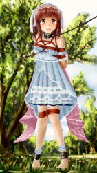 Rule 34 | absurdres, animal ears, ankle cuffs, aqua dress, arms behind back, bdsm, blush, bondage, bondage cuffs, bound, bow, bowtie, breasts, brown eyes, collar, crying, crying with eyes open, dress, forest, frilled dress, frills, highres, hiru-kun no ami, idolmaster, idolmaster cinderella girls, leash, legs apart, looking at viewer, nature, no shoes, ogata chieri, rabbit ears, red hair, rope, see-through, see-through legwear, shibari, slave, small breasts, tears, twintails, walking