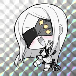 Rule 34 | 1girl, blindfold, blue archive, blush, chibi, colored skin, covered eyes, dress, full body, long hair, long sleeves, nakamura kumarin, ohr (blue archive), open mouth, parted bangs, smile, solo, white dress, white hair, white skin, wide sleeves
