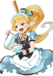 Rule 34 | 10s, 1girl, :d, alternate costume, alternate hairstyle, apron, bad id, bad pixiv id, blonde hair, blue eyes, blush, charlotta (granblue fantasy), crown, cup, dress, enmaided, granblue fantasy, harvin, holding, long hair, looking away, maid, maid apron, maid headdress, o (rakkasei), open mouth, pitcher (container), pointy ears, ponytail, pouring, puffy short sleeves, puffy sleeves, saucer, short sleeves, simple background, smile, solo, teacup, very long hair, waist apron, white background, wrist cuffs