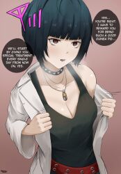 Rule 34 | 1girl, absurdres, belt, black dress, black hair, blunt bangs, bob cut, breasts, breath, brown eyes, cleavage, clothes pull, coat, dress, drooling, empty eyes, english text, eroborne, highres, hypnosis, jewelry, lab coat, medium breasts, mind control, open clothes, open coat, open mouth, pendant, persona, persona 5, pulled by self, red belt, saliva, short hair, signal bar, solo, speech bubble, studded choker, takemi tae