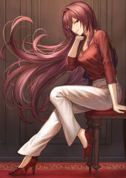 Rule 34 | 1girl, arm support, blouse, breasts, brown jacket, carpet, casual, chair, commentary, contemporary, fate/grand order, fate (series), floating hair, from side, full body, hair between eyes, hair over shoulder, half-closed eyes, high heels, highres, holding, holding clothes, holding jacket, indoors, jacket, unworn jacket, jewelry, large breasts, leaning forward, long hair, long sleeves, looking at viewer, mashuu (neko no oyashiro), necklace, pants, parted lips, pendant, pumps, purple hair, red carpet, red eyes, red footwear, red shirt, scathach (fate), shirt, sidelocks, sitting, tsurime, very long hair, wall, white pants