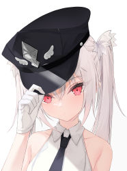 Rule 34 | 1girl, absurdres, black hat, black necktie, borrowed character, collared shirt, commentary request, gloves, grey hair, hair between eyes, hand on headwear, hand up, hat, highres, lisu, long hair, looking at viewer, necktie, original, peaked cap, red eyes, shirt, simple background, sleeveless, sleeveless shirt, solo, twintails, upper body, white background, white gloves, white shirt