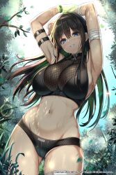 Rule 34 | absurdres, bandages, bikini, black choker, blue eyes, breasts, cenangam, choker, cleavage, copyright notice, green hair, green nails, highres, large breasts, long hair, navel, original, see-through, see-through cleavage, swimsuit