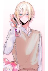 Rule 34 | 1boy, blonde hair, blue eyes, blush, brown background, brown vest, cellphone, closed mouth, collared shirt, eichi turnr, ensemble stars!, heart, highres, holding, holding phone, long sleeves, looking at viewer, male focus, multicolored background, phone, shirt, short hair, smile, solo, tenshouin eichi, vest, white shirt