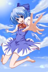 Rule 34 | 1girl, :d, barefoot, blue dress, blue eyes, blue hair, bow, cirno, dress, flying, hair bow, matching hair/eyes, open mouth, outstretched hand, short hair, smile, solo, stand, touhou, tsukikase, wings