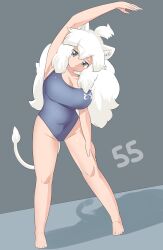 Rule 34 | 1girl, ahoge, animal ear fluff, animal ears, barefoot, breasts, cleavage, closed mouth, commentary request, dutch angle, expressionless, full body, grey background, grey eyes, grey one-piece swimsuit, highres, japari symbol, kemono friends, large breasts, lets0020, lion ears, lion girl, lion tail, long hair, looking at viewer, medium bangs, numbered, one-piece swimsuit, simple background, solo, stretching, swimsuit, tail, white hair, white lion (kemono friends)