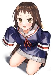 Rule 34 | 1girl, :d, black socks, blue shirt, blush, brown eyes, brown footwear, brown hair, commentary request, fang, forehead, grey skirt, highres, idemitsu, kneeling, loafers, long hair, long sleeves, looking at viewer, mikakunin de shinkoukei, mitsumine mashiro, neck ribbon, open mouth, pleated skirt, red ribbon, ribbon, sailor collar, school uniform, serafuku, shadow, shirt, shoes, skirt, sleeves past fingers, sleeves past wrists, smile, socks, solo, v-shaped eyebrows, very long hair, white background, white sailor collar
