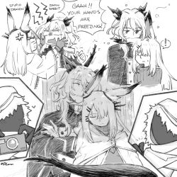 Rule 34 | !, 2girls, 2others, alternate costume, anger vein, animal ears, arknights, biting, buttons, camera, cape, coat, crossed arms, dlanon, dragon girl, dragon horns, dragon tail, ear biting, ear ornament, english text, frostnova (arknights), fur-trimmed hood, fur trim, gloves, greyscale, hair ornament, hairclip, heart, height difference, holding, holding camera, hood, hood up, horns, long hair, long sleeves, monochrome, multiple girls, multiple others, open mout, rabbit ears, ribbed sweater, simple background, sleeping, speech bubble, spoken exclamation mark, sweater, tail, tail wrap, talulah (arknights), turtleneck, turtleneck sweater, white background, yuri