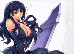 Rule 34 | 1girl, absurdres, barefoot, black dress, black gloves, black hair, breasts, cleavage, dress, elbow gloves, female focus, freezing (series), gloves, half updo, hand on own chest, highres, jewelry, kim kwang hyun, large breasts, long hair, looking at viewer, necklace, red eyes, scan, sidelocks, smile, solo, su-na lee, sword, weapon