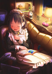 Rule 34 | 1girl, aiuabo, black hair, book, closed eyes, collared dress, couch, doll house, dress, duster, electrical outlet, hamster, highres, indoors, lamp, maid, maid headdress, nintendo switch, original, sleeping