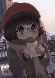 Rule 34 | 1girl, beret, black-framed eyewear, black hair, blue eyes, blush, brown jacket, brown scarf, building, cat, closed mouth, commentary request, day, eating, food, fringe trim, glasses, hat, highres, holding, holding food, jacket, long sleeves, looking at viewer, mimikaki (men bow), original, outdoors, people, red headwear, scarf, solo focus, taiyaki, thick eyebrows, upper body, wagashi, window