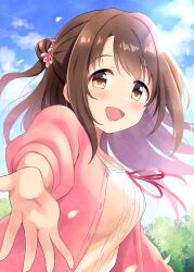 1girl blue_sky blurry blush breasts brown_eyes brown_hair commentary day dekosuke depth_of_field dot_nose falling_petals floating_hair hair_bun highres idolmaster idolmaster_cinderella_girls idolmaster_cinderella_girls_starlight_stage jacket long_hair long_sleeves looking_at_viewer medium_breasts neck_ribbon one_side_up open_clothes open_hand open_jacket open_mouth outdoors petals pink_jacket reaching reaching_towards_viewer red_ribbon ribbon shimamura_uzuki shirt single_hair_bun sky smile solo sunlight tree upper_body white_shirt