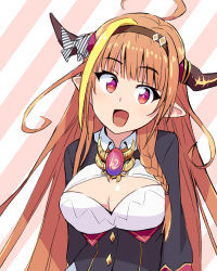 Rule 34 | 1girl, ahoge, black bow, black hairband, black jacket, blonde hair, blouse, blunt bangs, bow, bowtie, braid, breasts, bright pupils, brooch, chikuwa (majihima), cleavage, cleavage cutout, clothing cutout, collared shirt, commentary request, diagonal-striped bow, dragon girl, dragon horns, gradient eyes, hair ornament, hairband, highres, hololive, horn bow, horn ornament, horns, jacket, jewelry, kiryu coco, kiryu coco (1st costume), long hair, looking at viewer, multicolored bow, multicolored eyes, multicolored hair, open mouth, orange hair, pointy ears, purple eyes, red eyes, shirt, side braid, simple background, single braid, smile, solo, streaked hair, striped, striped background, upper body, very long hair, virtual youtuber, white bow, white shirt