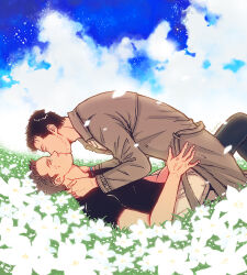 Rule 34 | 2boys, beard stubble, black hair, blue sky, boy on top, brown hair, castiel, closed eyes, coat, couple, cowboy shot, day, dean winchester, facial hair, field, flower, flower field, from side, kiss, looking at another, lying, male focus, mature male, multiple boys, noonmoon22, on back, on grass, outdoors, profile, short hair, sky, stubble, supernatural (tv series), trench coat, white flower, yaoi