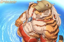 Rule 34 | 1boy, abs, alternate costume, animal ears, bara, bare pectorals, baseball cap, beach, blinking, bouncing pecs, bulge, from above, furry, furry male, hat, huge filesize, large pectorals, lifeguard, long hair, male focus, male swimwear, muscular, muscular male, navel, nipples, paid reward available, pang (sdorica), partially submerged, pectorals, red male swimwear, sdorica, smile, sollyz, solo, stomach, swim briefs, tail, tiger boy, tiger ears, tiger tail, whistle, whistle around neck