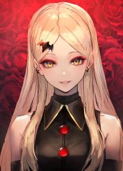 Rule 34 | 1girl, arahenas, bare shoulders, bat hair ornament, blonde hair, character request, copyright request, earrings, eyeshadow, floral background, flower, hair ornament, highres, jewelry, long hair, makeup, parted lips, pink lips, red eyeshadow, rose, rose background, smile, solo, virtual youtuber, yellow eyes