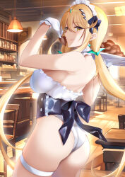 Rule 34 | 1girl, ass, blonde hair, breasts, chocolate, daive, highres, large breasts, leotard, long hair, looking back, maid headdress, mythra (xenoblade), solo, swept bangs, tongue, tongue out, twintails, valentine, white leotard, xenoblade chronicles (series), xenoblade chronicles 2, yellow eyes