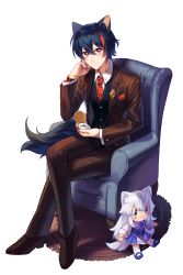 Rule 34 | 1boy, absurdres, animal ears, armchair, black hair, black vest, buttons, carpet, chair, character doll, closed mouth, dog boy, dog ears, dog tail, formal, highres, indie virtual youtuber, isakysaku, jacket, light smile, lumi (merryweather), male focus, merry (vtuber), multicolored hair, necktie, pants, pocket watch, red eyes, red hair, red necktie, shirt, simple background, sitting, solo, streaked hair, suit, tail, vest, virtual youtuber, watch, white background, white shirt