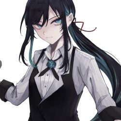 Rule 34 | 1girl, ado (utaite), aqua eyes, aqua hair, black hair, black necktie, black vest, blue flower, blue rose, buttons, chando (ado), closed mouth, cloud nine inc, collared vest, commentary request, cross tie, dress shirt, eyelashes, flower, hair ribbon, highres, lapels, long hair, long sleeves, looking at viewer, mole, mole under eye, multicolored hair, necktie, notched lapels, orihara (ewkkyorhr), ponytail, red ribbon, ribbon, rose, shirt, simple background, sleeve cuffs, slit pupils, solo, striped clothes, striped shirt, two-tone hair, very long hair, vest, white background