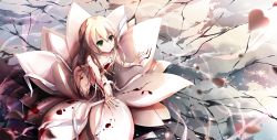 Rule 34 | 1girl, bandages, blonde hair, blood, closed mouth, collarbone, female focus, flower, green eyes, heart, highres, long hair, original, riburanomind, smile, solo