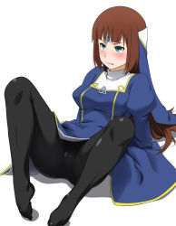 Rule 34 | 10s, 1girl, arms behind back, black pantyhose, blush, brown hair, cameltoe, circlet, feet, female focus, fractale, green eyes, legs, long hair, no shoes, pantyhose, phryne (fractale), priest, simple background, sitting, solo, tears, toe scrunch, white background, youkan
