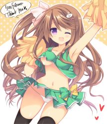 Rule 34 | 1girl, ;d, armpits, bad id, bad pixiv id, bare arms, black thighhighs, blush, bow, breasts, brown hair, cat hair ornament, cheerleader, collarbone, commentary request, cowboy shot, crop top, dutch angle, green shirt, green skirt, hair ornament, hair ribbon, heart, long hair, looking at viewer, lowleg, lowleg panties, medium breasts, midriff, milestone celebration, multicolored bow, navel, no bra, one eye closed, one side up, open mouth, original, outstretched arm, panties, pink ribbon, pleated skirt, polka dot, pom pom (cheerleading), purinpurin, purple eyes, ribbon, shirt, side-tie panties, skirt, sleeveless, smile, solo, thank you, thighhighs, underwear, very long hair, white panties