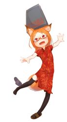 Rule 34 | 1girl, animal ears, bad id, bad pixiv id, balancing, black thighhighs, blush, box, china dress, chinese clothes, dress, fangs, fox ears, fox tail, glasses, highres, kasai jushi, object on head, open m/, open mouth, orange hair, original, outstretched arms, red dress, red eyes, sandals, simple background, slippers, solo, spread arms, standing, standing on one leg, tail, thighhighs, white background, zettai ryouiki