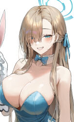 Rule 34 | 1girl, asuna (blue archive), asuna (bunny) (blue archive), bare shoulders, blue archive, blue bow, blue bowtie, blue leotard, blue ribbon, bow, bowtie, breasts, cleavage, collar, detached collar, elbow gloves, eyes visible through hair, gloves, grin, hair over one eye, hair ribbon, half updo, halo, highres, large breasts, leotard, light brown hair, looking at viewer, meoyo, mole, mole on breast, official alternate costume, ribbon, sidelocks, simple background, smile, solo, strapless, strapless leotard, unfinished, upper body, white background, white collar, white gloves