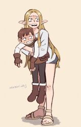 Rule 34 | 1boy, 1girl, alternate costume, bag, black pants, blonde hair, blue shorts, boots, brown bag, brown footwear, brown hair, chilchuck tims, clenched teeth, dungeon meshi, elf, fingerless gloves, gloves, halfling, handbag, highres, holding, lifting person, long hair, looking to the side, marcille donato, neck warmer, pants, parted bangs, pointy ears, sandals, scared, shirt, shorts, sidelocks, signature, sweat, sweatdrop, tamaki26j, teeth, very long hair, white background, white shirt