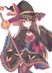 Rule 34 | 1girl, between legs, black dress, black hat, black thighhighs, brown eyes, brown hair, character request, copyright request, dress, hat, holding, holding staff, long sleeves, rento (rukeai), solo, staff, thighhighs, witch, witch hat