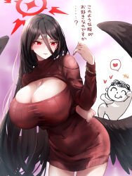 Rule 34 | 1girl, 1other, alternate costume, arm under breasts, black hair, black wings, blue archive, blush, breasts, cleavage, covered navel, doodle sensei (blue archive), dress, feathered wings, hair between eyes, halo, hasumi (blue archive), heart, highres, huge breasts, komena (shinyday312), long hair, meme attire, mole, mole under eye, open-chest sweater, red dress, red eyes, red halo, ribbed sweater, sensei (blue archive), spoken heart, straight hair, sweater, sweater dress, translation request, very long hair, wings