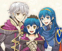 Rule 34 | 1boy, 2girls, armor, blue eyes, blue hair, family, father and daughter, fingerless gloves, fire emblem, fire emblem awakening, gloves, happy, headpat, hood, hood down, long hair, looking at viewer, lucina (fire emblem), morgan (female) (fire emblem), morgan (fire emblem), mother and daughter, multiple girls, nintendo, open mouth, pauldrons, robin (fire emblem), robin (male) (fire emblem), sandwiched, sawako68, short hair, shoulder armor, smile, tiara, white hair, yellow eyes