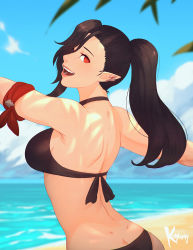 Rule 34 | 1girl, armband, beach, bikini, black bikini, black hair, blurry, blurry background, breasts, commentary, day, earrings, elezen, elf, english commentary, final fantasy, final fantasy xiv, from behind, hair between eyes, highres, hilda ware, hybrid, hyur, jewelry, koyorin, large breasts, long hair, looking at viewer, open mouth, outdoors, pointy ears, ponytail, red eyes, solo, swimsuit