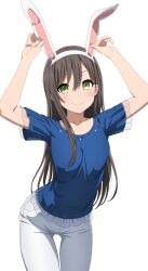 1girl absurdres animal_ears arms_up bang_dream! blue_shirt blush breasts brown_hair closed_mouth collarbone commentary_request cowboy_shot fake_animal_ears frilled_shirt frilled_sleeves frills green_eyes hair_between_eyes hairband hanazono_tae hand_on_own_ear highres long_hair looking_at_viewer medium_breasts noshimurin paid_reward_available pants rabbit_ears see-through_clothes see-through_shirt see-through_sleeves shirt short_sleeves sidelocks simple_background smile solo standing white_background white_hairband white_pants