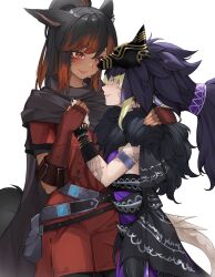 Rule 34 | 2girls, absurdres, animal ears, arm tattoo, armor, black hair, blonde hair, blush, cape, character request, facial mark, final fantasy, final fantasy xiv, fingerless gloves, gloves, highres, holding hands, lips, long hair, looking at another, multicolored hair, multiple girls, nails, purple hair, red eyes, red hair, ritdelba, smile, tattoo, white background, yuri