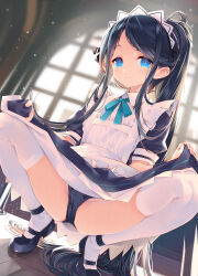Rule 34 | 1girl, absurdly long hair, apron, arikawa satoru, aris (blue archive), aris (maid) (blue archive), black dress, black footwear, black hair, black panties, blue archive, blue eyes, closed mouth, clothes lift, dress, dress lift, floor, frilled apron, frills, highres, indoors, lifting own clothes, long hair, looking at viewer, maid, maid apron, maid headdress, official alternate costume, panties, puffy short sleeves, puffy sleeves, shoes, short sleeves, smile, solo, squatting, thighhighs, underwear, very long hair, white apron, white thighhighs, window
