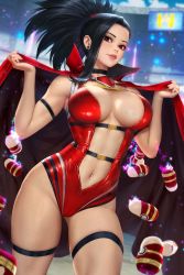 Rule 34 | 1girl, black choker, black eyes, black hair, black thighhighs, blurry, blurry background, blush, boku no hero academia, breasts, cape, center opening, choker, earrings, hair pulled back, jewelry, leotard, long hair, looking at viewer, medium breasts, mixed-language commentary, navel, neoartcore, outdoors, panties, parted lips, ponytail, red cape, red leotard, solo, thighhighs, underwear, yaoyorozu momo