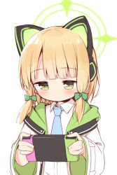Rule 34 | 1girl, animal ear headphones, animal ears, ayanepuna, blonde hair, blue archive, blue necktie, blush, bow, cat ear headphones, closed mouth, collared shirt, commentary request, dress shirt, fake animal ears, green bow, green eyes, hair bow, halo, handheld game console, headphones, highres, holding, hood, hood down, hooded jacket, jacket, long hair, long sleeves, midori (blue archive), necktie, open clothes, open jacket, shirt, sidelocks, simple background, solo, upper body, white background, white jacket, white shirt, wide sleeves