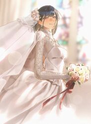 Rule 34 | 1girl, black hair, blunt bangs, blurry, blurry background, blush, bouquet, breasts, bridal veil, cape, dress, earrings, flower, from side, highres, holding, holding bouquet, jewelry, lace-trimmed collar, lace sleeves, lace trim, long sleeves, looking at viewer, medium breasts, original, purple eyes, short hair, smile, solo, unholymilk, veil, wedding dress, white cape