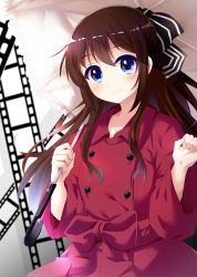 Rule 34 | 1girl, aqua eyes, artist name, artist request, audrey (love live!), belt, black bow, blue eyes, blush, bow, bow hairband, breasts, brown hair, buttons, clenched hand, coat, collared coat, dress, female focus, film strip, hair between eyes, hair bow, hair over shoulder, hairband, half updo, high ponytail, holding, holding umbrella, long hair, long sleeves, looking at viewer, love live!, love live! nijigasaki high school idol club, love live! school idol festival, miniskirt, movie camera, osaka shizuku, parted lips, plaid, plaid skirt, pleated, pleated skirt, ponytail, red belt, red bow, red coat, red dress, red ribbon, red skirt, ribbon, sidelocks, skirt, small breasts, smile, solo, striped, striped bow, trench coat, umbrella, white bow, wing collar