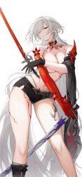 Rule 34 | 1girl, absurdres, acheron (honkai: star rail), bare legs, black choker, black shorts, breasts, choker, commentary, covering breasts, covering privates, detached sleeves, feet out of frame, grey hair, highres, holding, holding sword, holding weapon, honkai: star rail, honkai (series), katana, kiriko (araragikoyomi), large breasts, long hair, looking at viewer, navel, red eyes, scabbard, sheath, short shorts, shorts, simple background, solo, standing, stomach, sword, thighs, topless, very long hair, weapon, white background