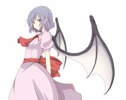 Rule 34 | 1girl, bat wings, blue hair, brooch, closed mouth, dress, female focus, from side, highres, jewelry, kakura yoshiki, no headwear, pointy ears, puffy short sleeves, puffy sleeves, red eyes, remilia scarlet, ribbon, short hair, short sleeves, simple background, solo, standing, touhou, white background, wings
