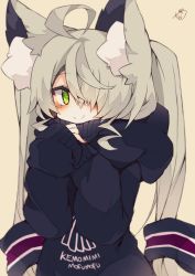 Rule 34 | + +, 1girl, ahoge, animal ear fluff, black hoodie, blush, brown background, closed mouth, clothes writing, commentary request, green eyes, grey hair, hair over one eye, hands up, highres, hood, hood down, hoodie, long hair, long sleeves, looking at viewer, muuran, original, romaji text, signature, simple background, sleeves past wrists, smile, solo, twintails, upper body, very long hair