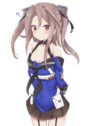Rule 34 | 1girl, :o, ?, amano kouki, bare shoulders, black neckerchief, blue jacket, blush, brown eyes, brown hair, brown skirt, collarbone, commentary request, cowboy shot, garter straps, hair between eyes, hair ornament, highres, jacket, kantai collection, long hair, looking at viewer, neckerchief, off shoulder, parted lips, pleated skirt, simple background, skirt, solo, two side up, white background, zuihou (kancolle)
