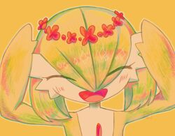 Rule 34 | 1girl, ^ ^, arms up, artist name, blush, bob cut, chromatic aberration, closed eyes, colored skin, creatures (company), eyes visible through hair, female focus, flat chest, flower, game freak, gardevoir, gen 3 pokemon, gou (pixiv 24579323), green hair, green skin, hair between eyes, happy, head wreath, multicolored skin, nintendo, open mouth, outline, pokemon, pokemon (creature), red flower, short hair, signature, simple background, smile, solo, two-tone skin, upper body, white outline, white skin, yellow background